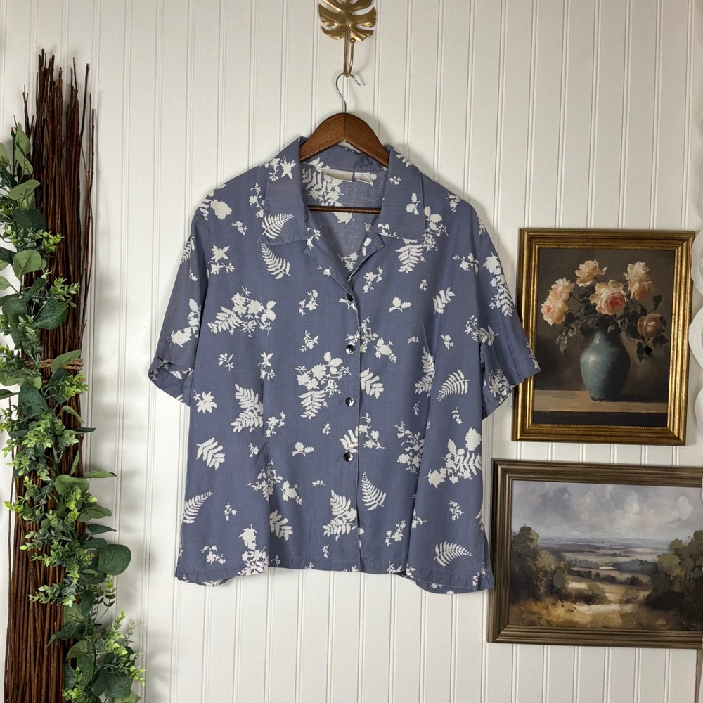 Elisabeth by Liz Claiborne Blouse 18 Blue Excellent Floral Rayon Button Up